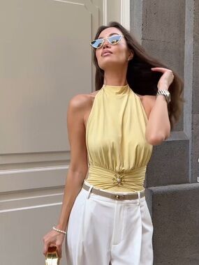 Zara Pale Yellow Halter-Style Gathered Waist Camisole